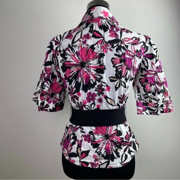 Bebe Floral Print Pink Multicolor Ruffle Layered Collar Belted V-Neck Blouse - Picture 9 of 11